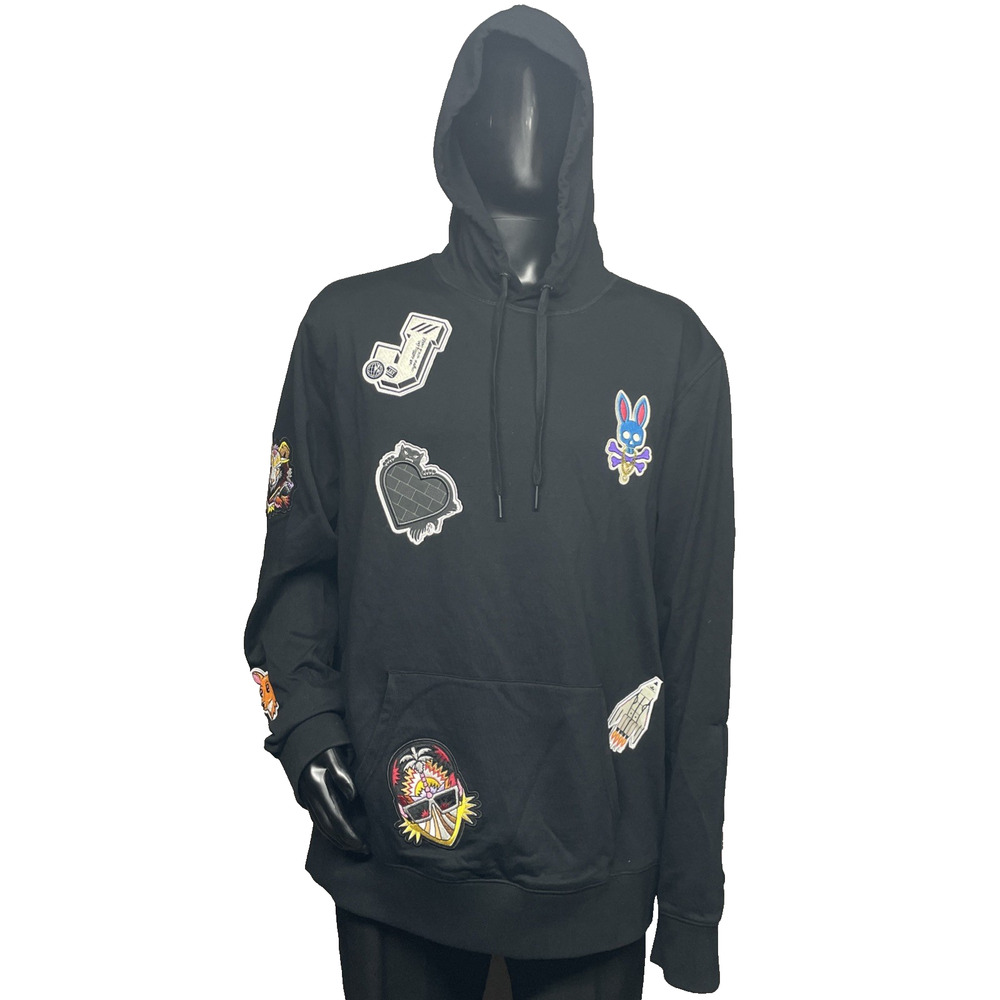 Psycho Bunny Black Hoodie with Colorful Patch Graphics